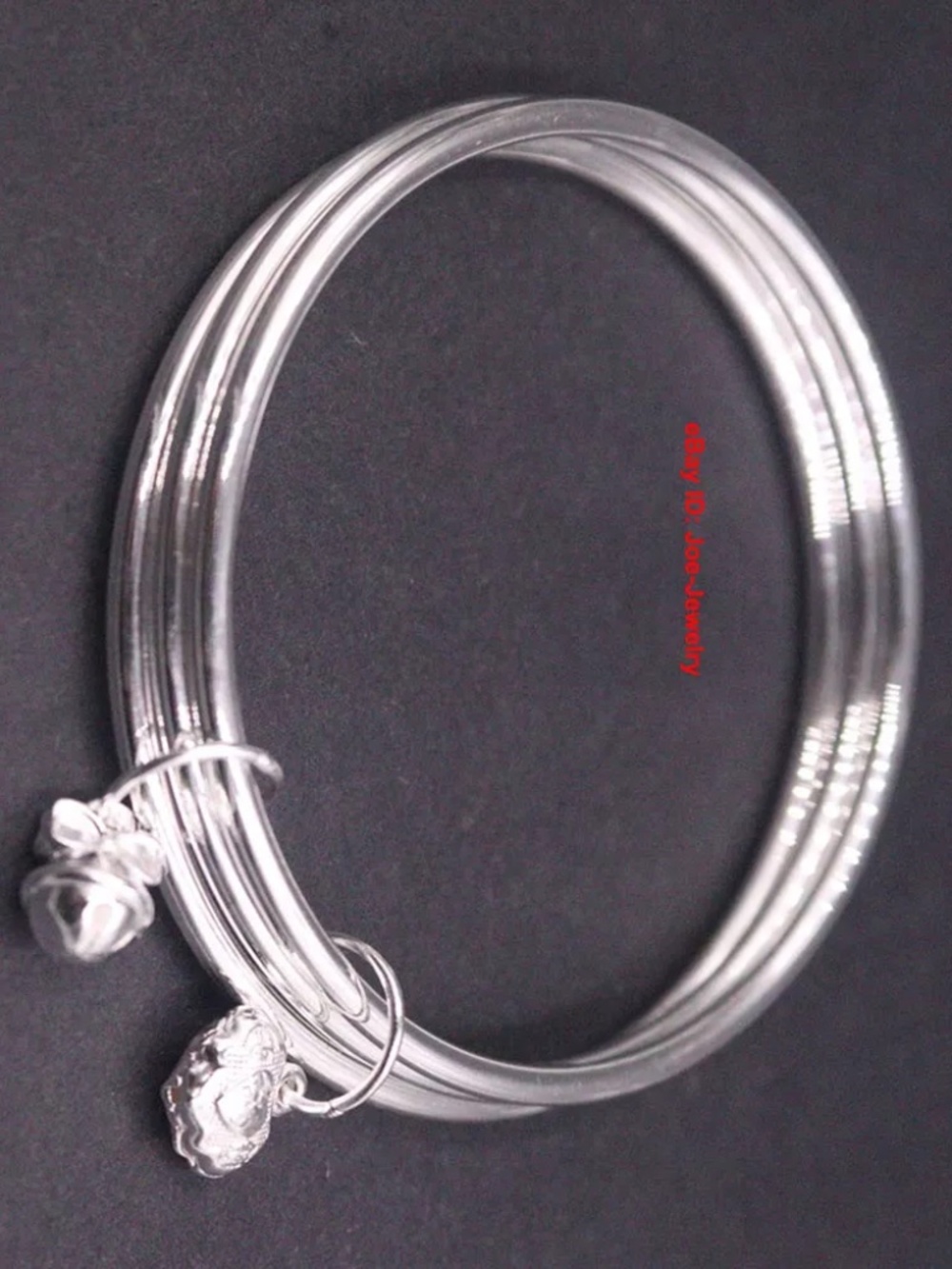 Real 999 Fine Silver Triple-Ring Round Bangle 56mm Inner Dia. Bell Charm